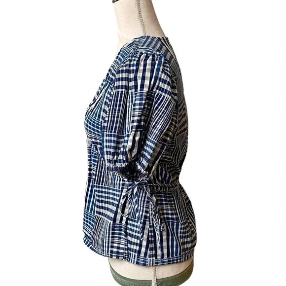 J.Crew Puff Sleeve Wrap Top Indigo Plaid Patchwork Cotton Blouse Size XS - Picture 6 of 15